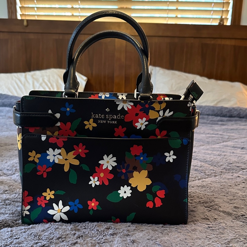 kate spade Black Floral Satchel with Red, Yellow, Blue, White & Green Flowers